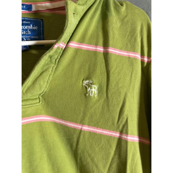 Abercrombie & Fitch Polo Shirt Mens Medium Green Pink Striped Muscle Fit Casual - Picture 2 of 4